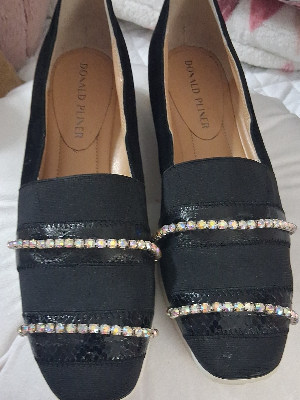 Donald J. Pliner Black Loafers with Iridescent Crystal Straps Sz 9
